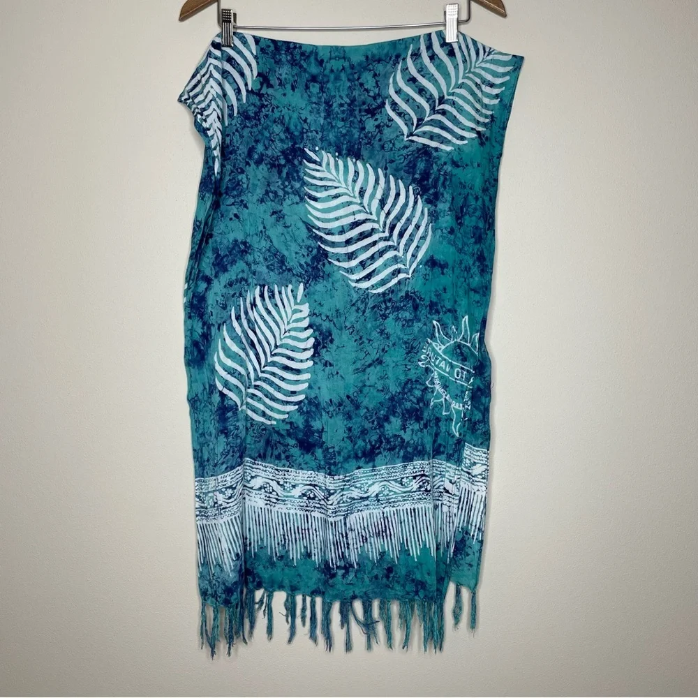 Fringed Blue/Bluegreen Leaf Print 20” x 64” Batik Scarf